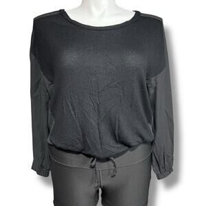 Pleione Womens Sweater Shirt Top Knit with Sheer Long Sleeves Black Large